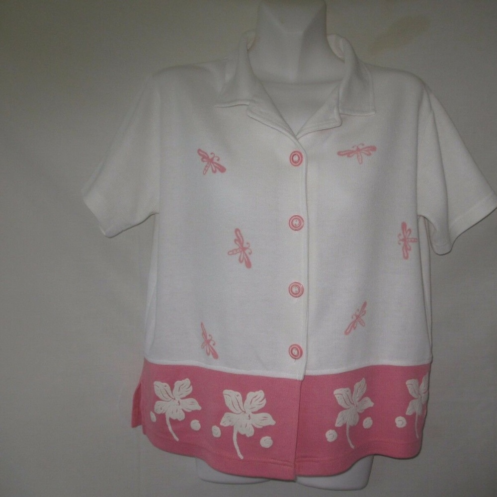 KENETH TOO! M 8 10 BLOUSE SHORT SLEEVE WHITE PINK